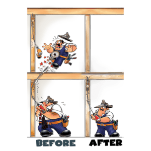 A cartoon showing an electrician using rack-a-tiers bumper balls on a flexible drill bit.