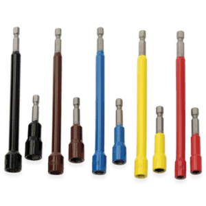 rack-a-tiers hex driver bits in black, red, blue, and yellow colours. each colour comes in 2 sizes