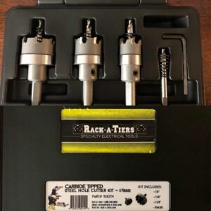 the 4 piece carbide steel hole cutter kit by rack-a-tiers in a carrying case.