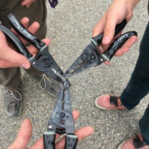 Three electricians holding croc's needle nose wire strippers by rack-a-tiers