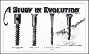 An advertisement with the title "A study in evolution." The ad shows 4 screws becoming more advanced from left to right. With a robertson screw at the far right.